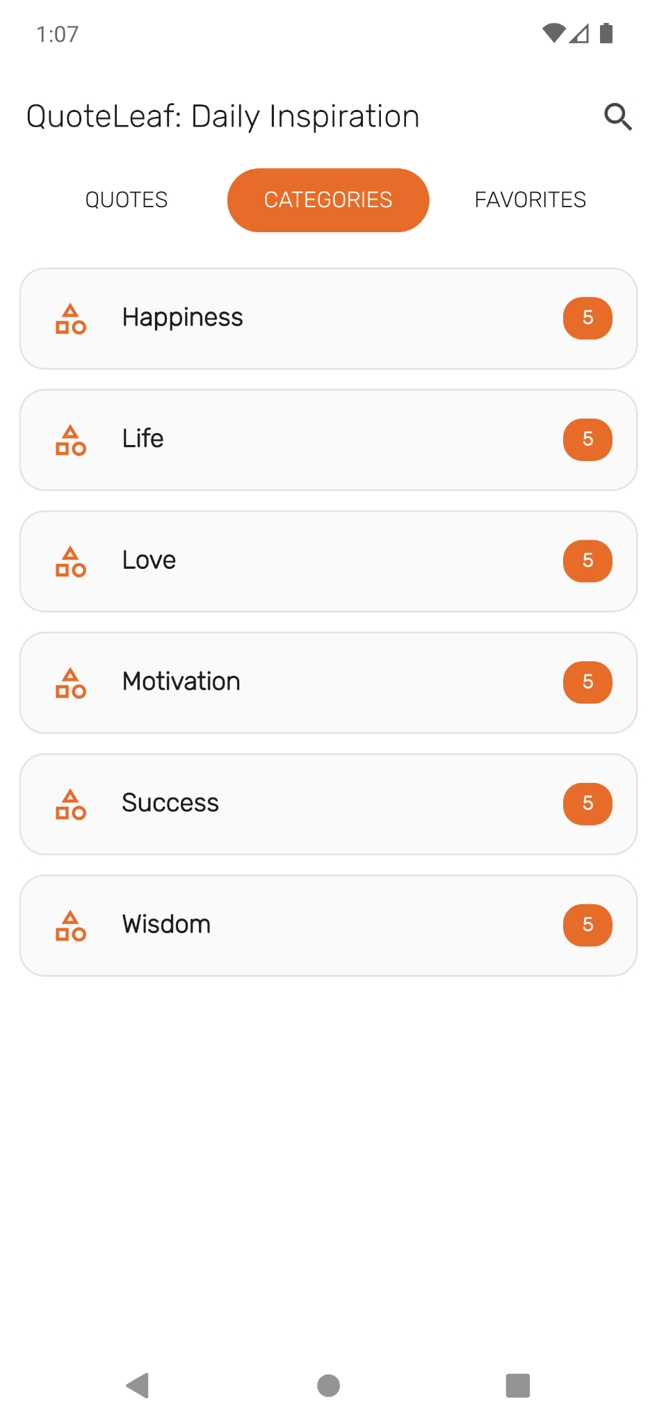 Categories screen